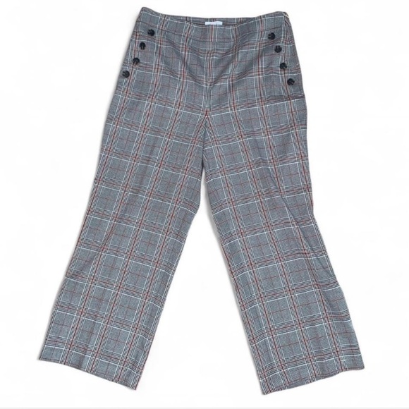 Loft Plaid Wide-Leg Pants with sailor Button Detail high rise size 10 gray red - Picture 1 of 7